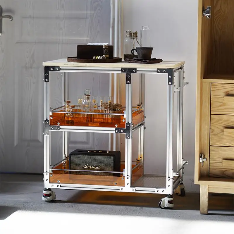 

Aluminum profile ocean plate tea cabinet drinks snacks trolley movable tea table acrylic storage cabinet edge few