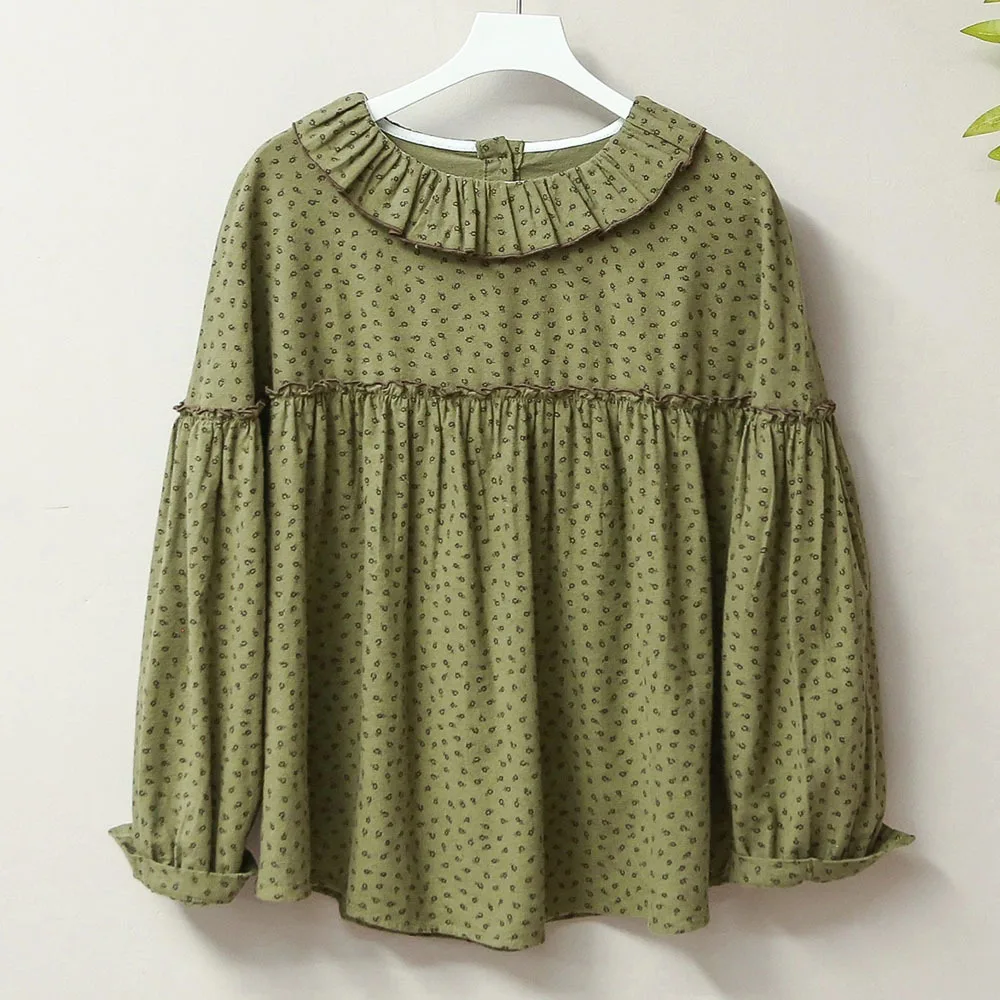 Damska koszula z długim rękawem na jesień, 100% bawełna, styl japoński vintage, z falbankami, w kropki, zielona bluzka i koszula dla kobiet.