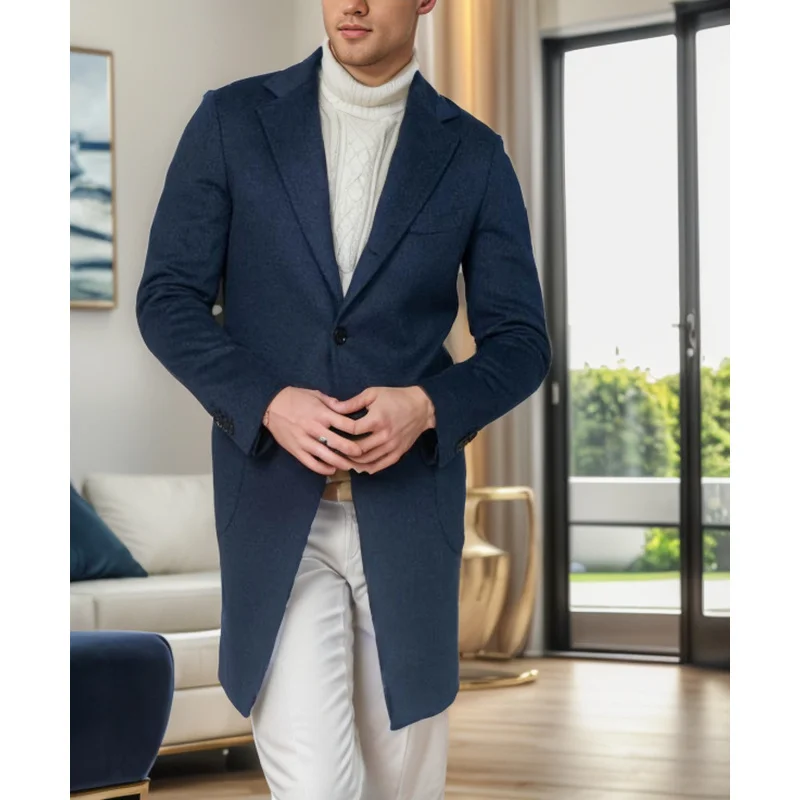 2024Autumn and Winter Men's British Style Mid-Length Woolen Coat Single-Breasted Long Sleeve Woolen Coat and Trench Coat