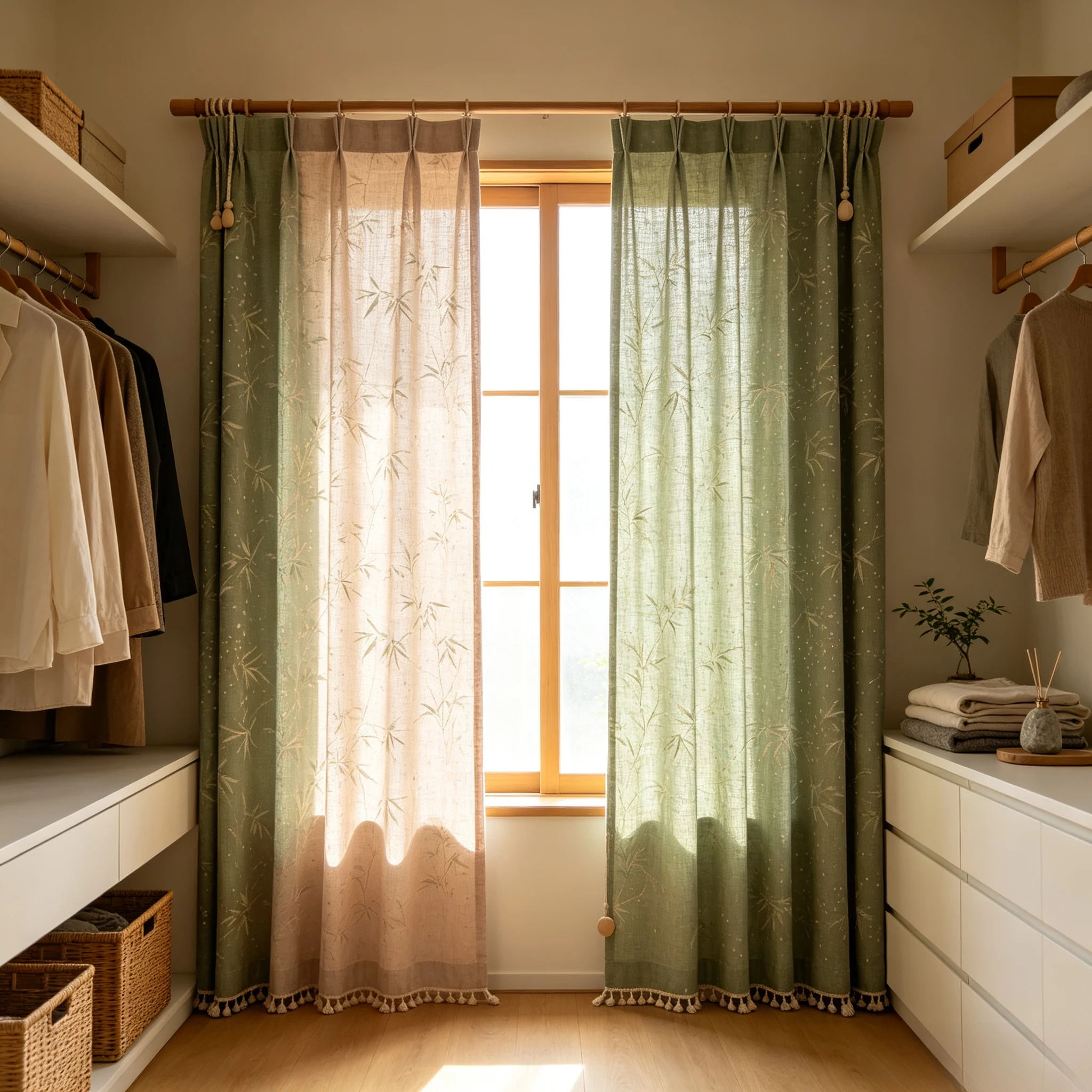 200252   Japanese style mixed dressing room, sage green linen, bamboo shadow, dark patterned curtains
