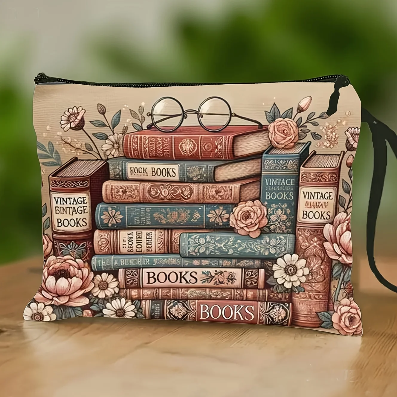 

Book-Themed Zippered Pouch Suitable for Students Teachers & Book Lovers - Vintage Book & Flower Lightweight Zipper Case Machi
