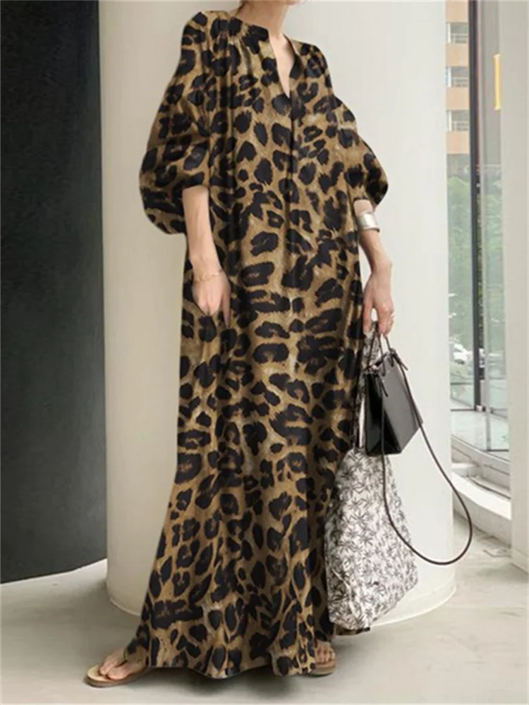 Fashion Printed Maxi Dress Women Leopard Sundress Summer Puff Sleeve Long Vestidos Female V Neck Oversize Robe