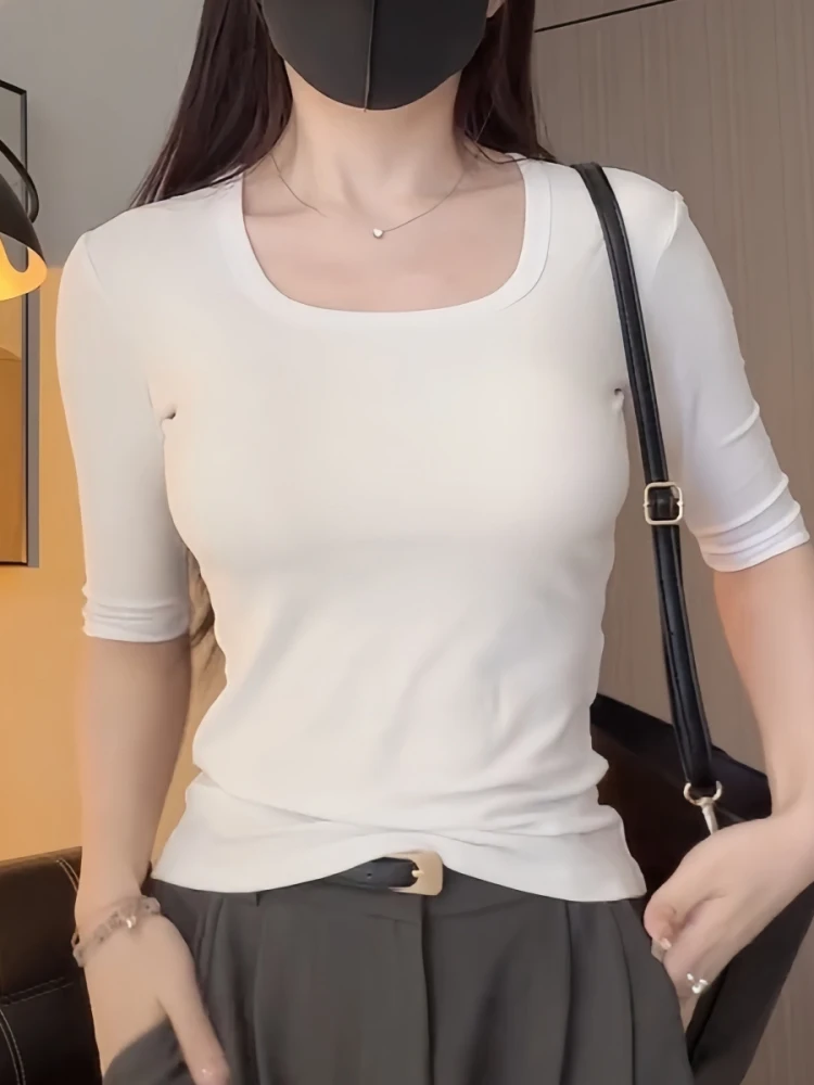 تي شيرت نسائي بياقة مربعة من القطن الخالص متوسط Sve U-Ne مقاس نحيف f Sve Base irt ملابس داخلية خمسة Sve #2