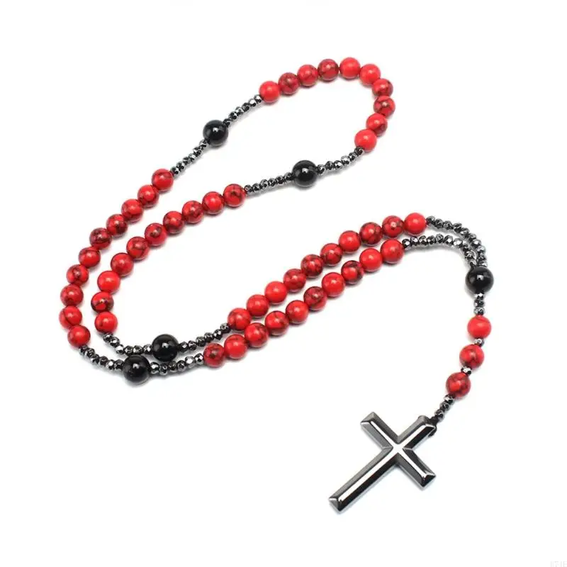 E74E Catholic Rosary Beads Necklaces Red Pine Stone Hematite Cross Christian Prayer Jewelry for Men Women Rosaries Necklaces