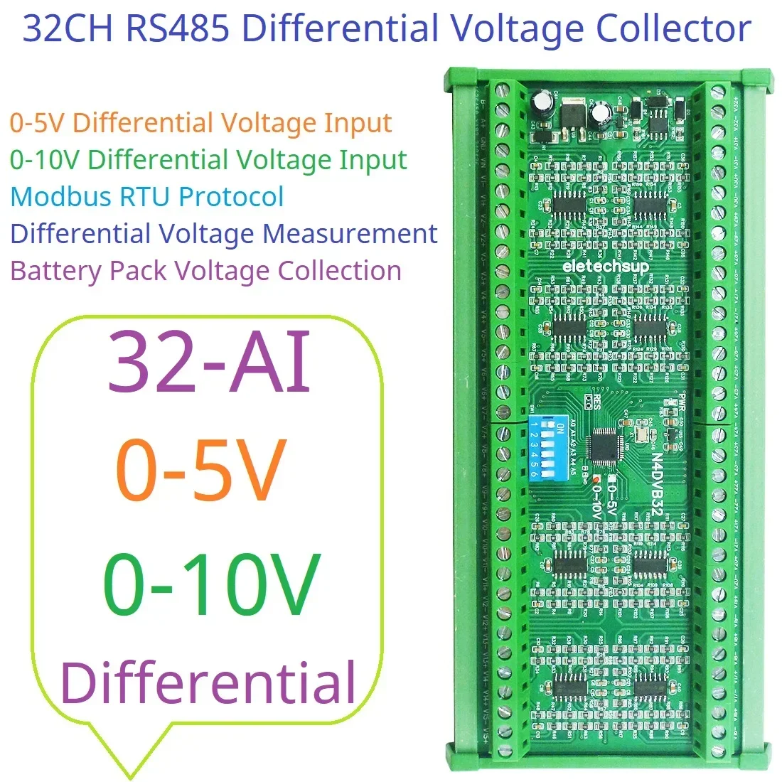 

32CH 0-5V 0-10V Differential Voltage Input RS485 Modbus Analog Collector DC 12V 24V for PLC HMI Battery Pack Paperless Recorder