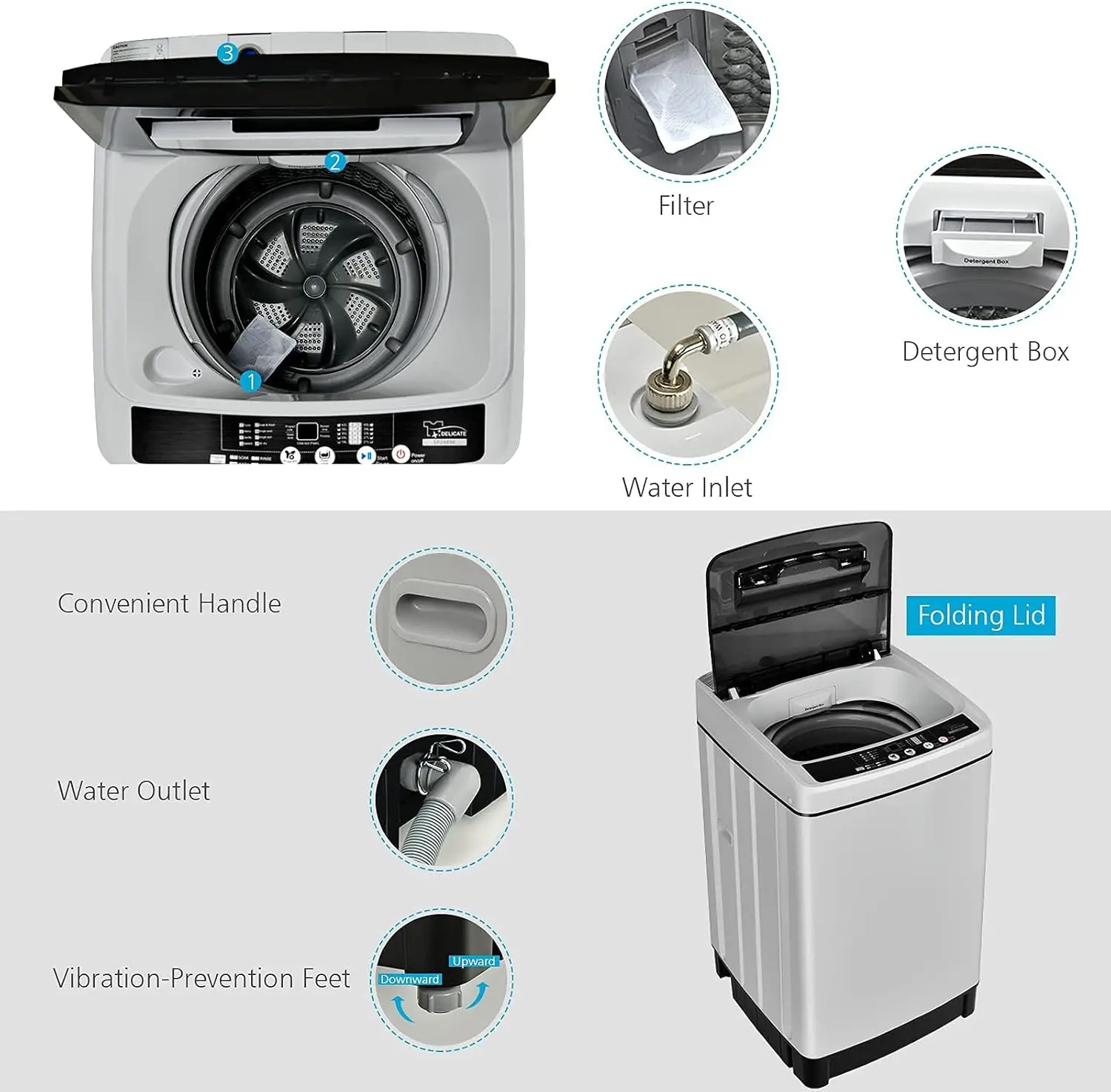 Full Automatic Washing Machine 2 in 1 Portable Laundry Washer 1.5Cu.Ft 11lbs Capacity Washer and Spinner Combo 8 Programs