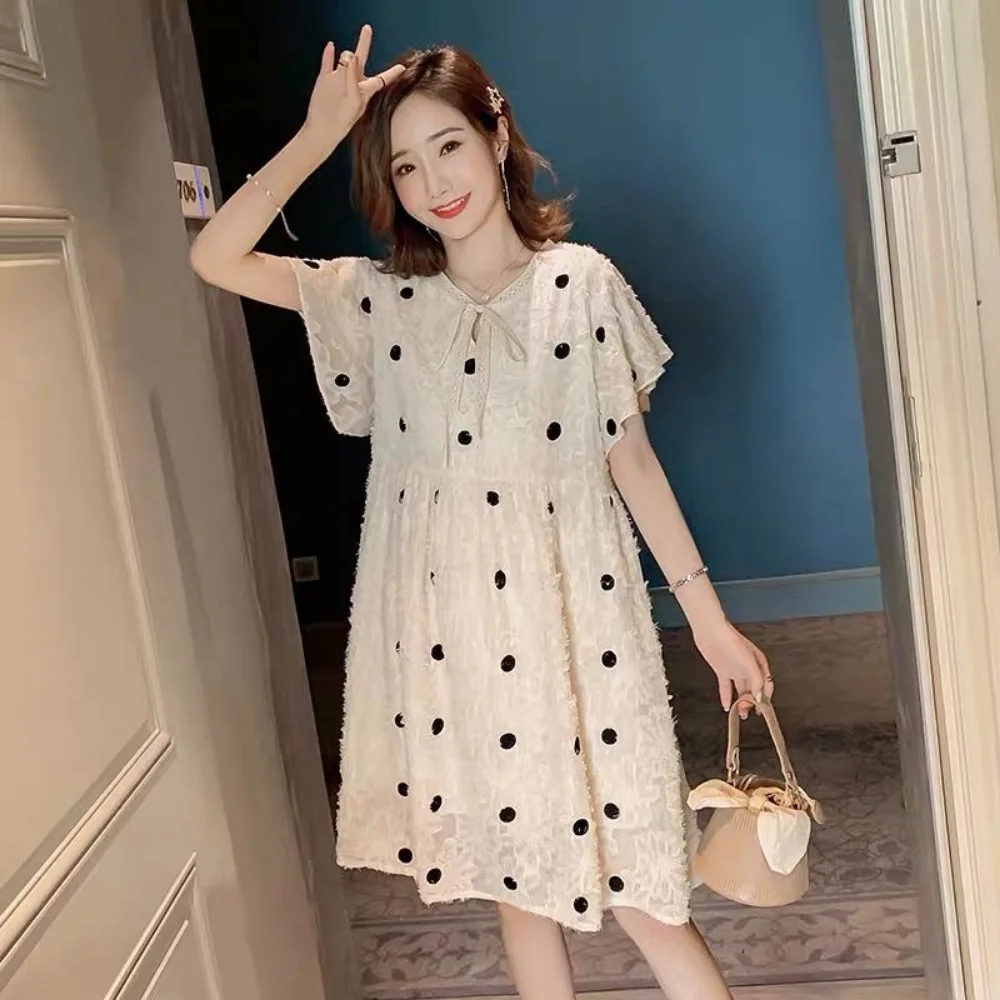 maternity dress New Polka Dot Print Dress Matching Short Sleeve A-Line Dress With Sash Clothes pregnancy photoshoot dress