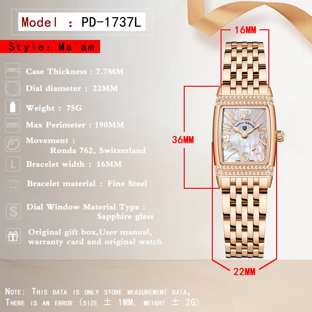 PAGANI DESIGN Brand New Women Quartz Square Watch Luxury Sapphire Glass Casual 50M Waterproof Stainless Steel Watches for Woman view 6