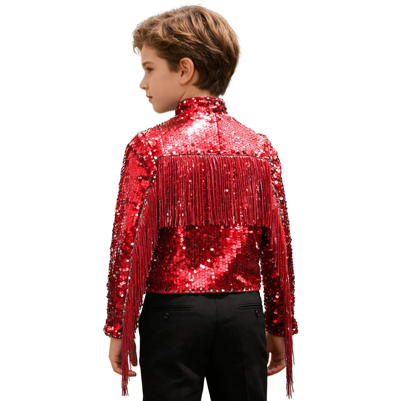 Kids Jongens Cowboy Jas Pailletten Kwastje Lange Mouw Mock Hals Rits Fringe Jas Bovenkleding Hip Hop Jazz Street Dance Wear