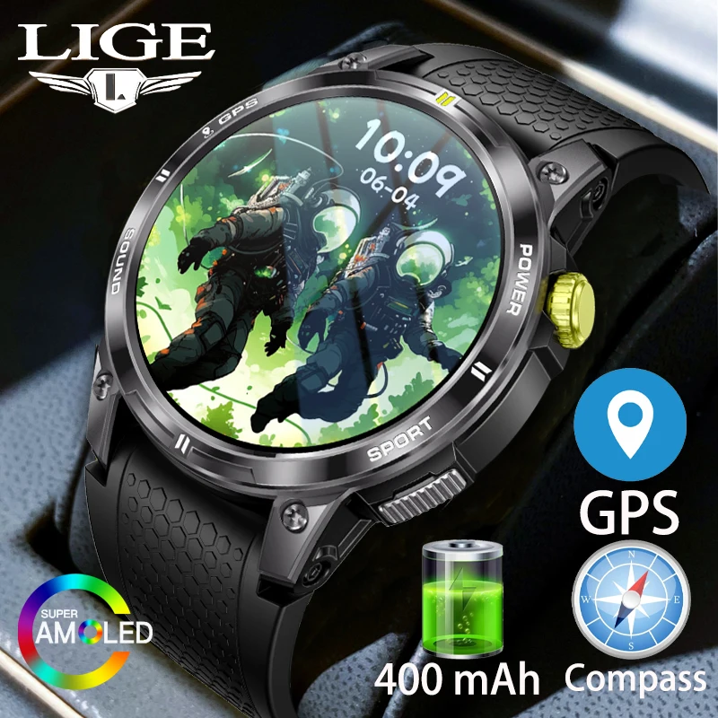 

LIGE New GPS Position Smart Watch HD AMOLED Screen Men's Watch Bluetooth Call Outdoor Compass IP68 Waterproof Sports Smartwatch