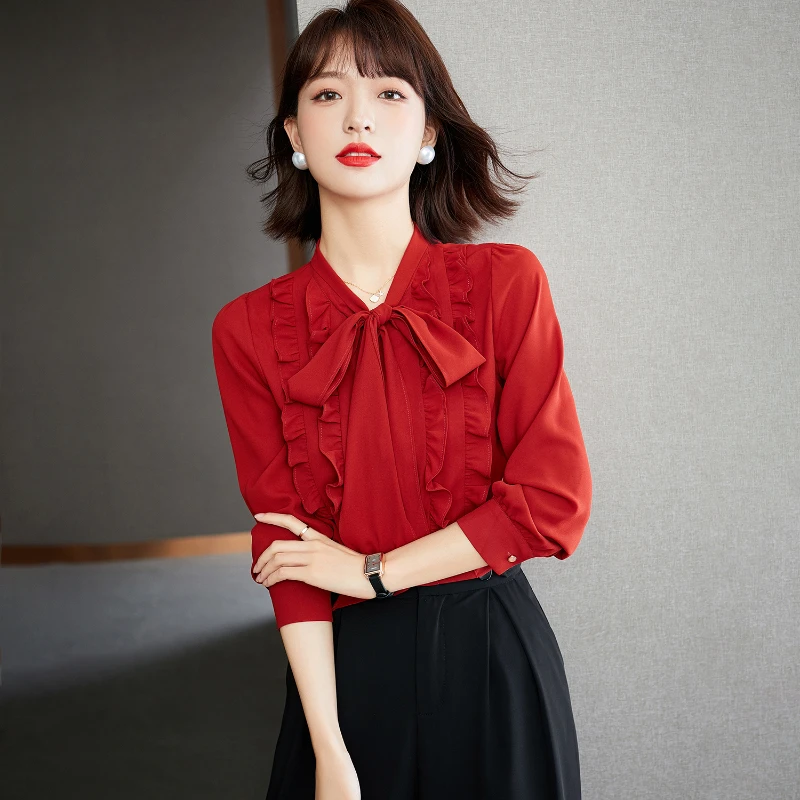 Autumn Bow Lace-up Women Tops 2024 New Korean Fashion Women Shirt V-Neck Red Long Sleeve Blouse Straight Slim Shirts for Women