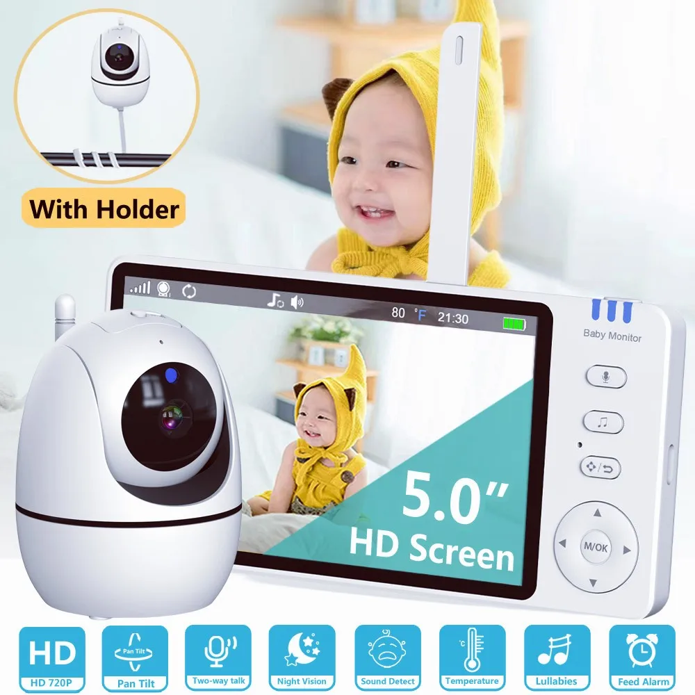 

Видеоняня с IPS-экраном 5.0 дюймов, аккумулятором 3500 мАч, поворотной камерой PTZ, двусторонней аудиосвязью, функцией VOX, укачиванием младенцев, зарядкой через USB и подставкой