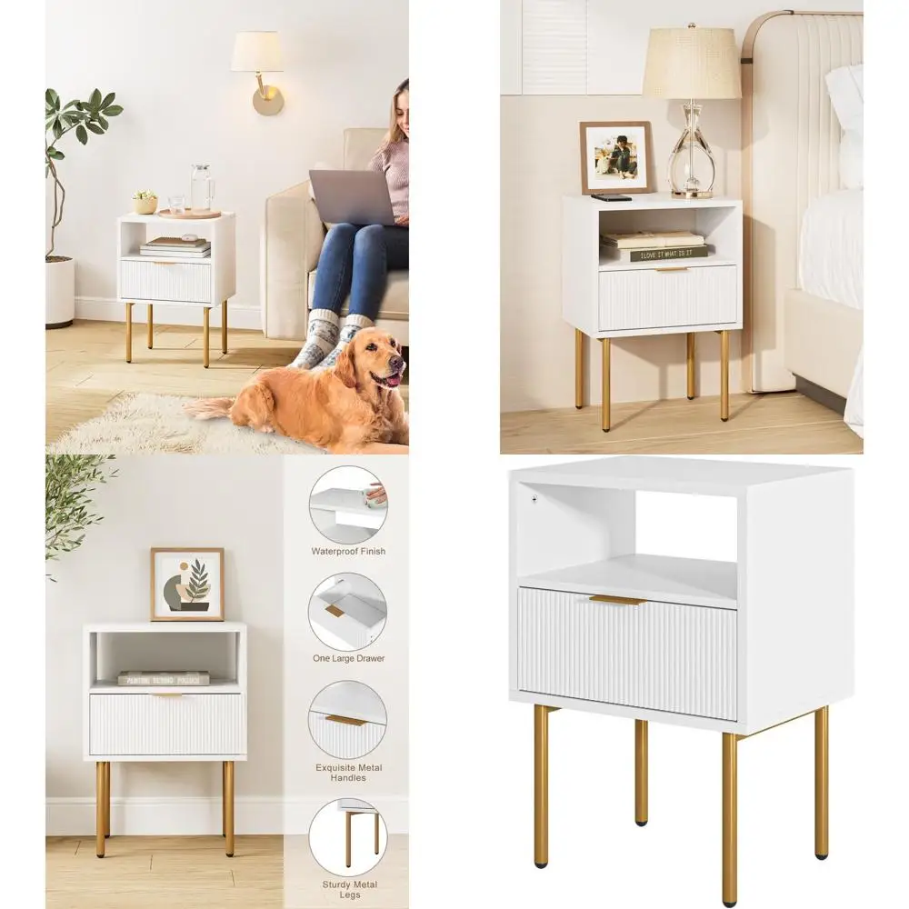 

Contemporary White Nightstand with Gold Frame, 1 Drawer and Open Shelf, Ideal for Bedrooms and Living Rooms, Slim Design for Sma
