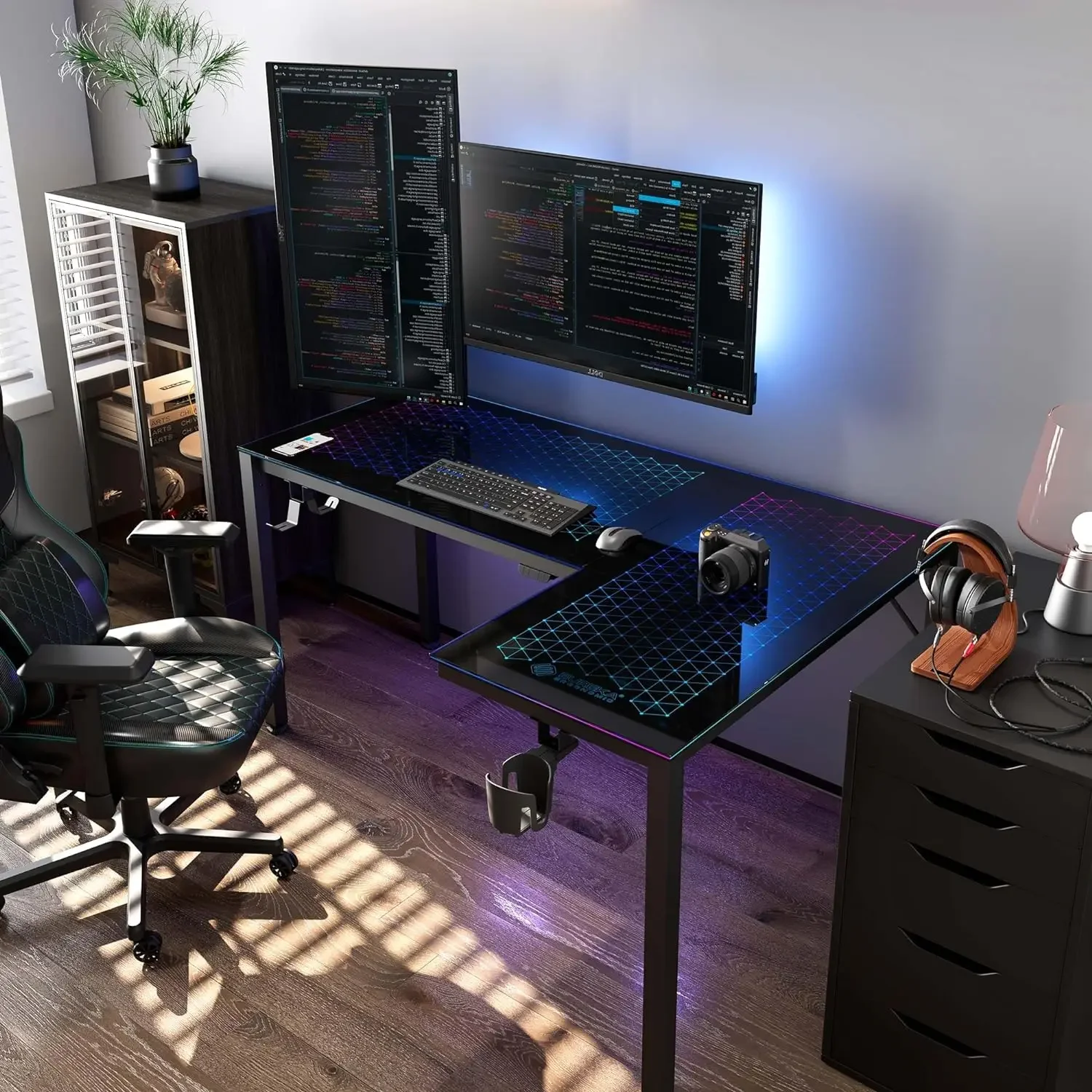 EUREKA ERGONOMIC RGB LED Lights 60 Inch L Shaped Reversible Black Glass Gaming Desk Home Office Computer Table