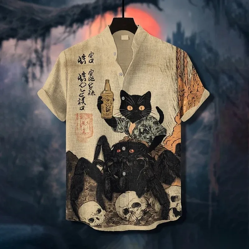 

Men'S Retro Japanese Calligraphy Art Black Cat And Spider Print Short Sleeve Shirt Casual Loose Holiday Summer Outdoors Wear