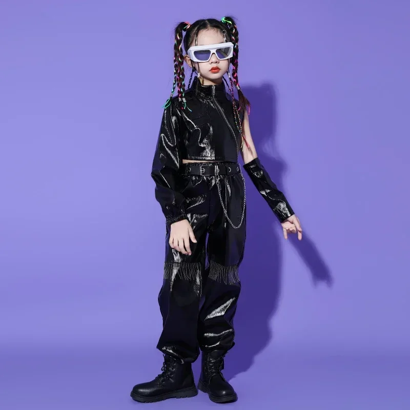 Modern Dance Costume Kids Jazz Dance Stage Performance Costume Girls Street Dance Biker Costume Model Black Super Cool Set