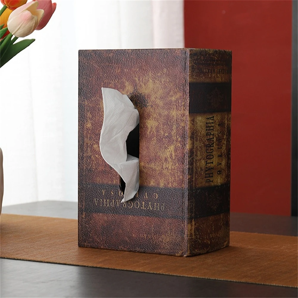 Retro European Simulation Book Tissue Box Wooden Coffee Table Napkin Storage Box Living Room Decoration Leather Tissue Organizer