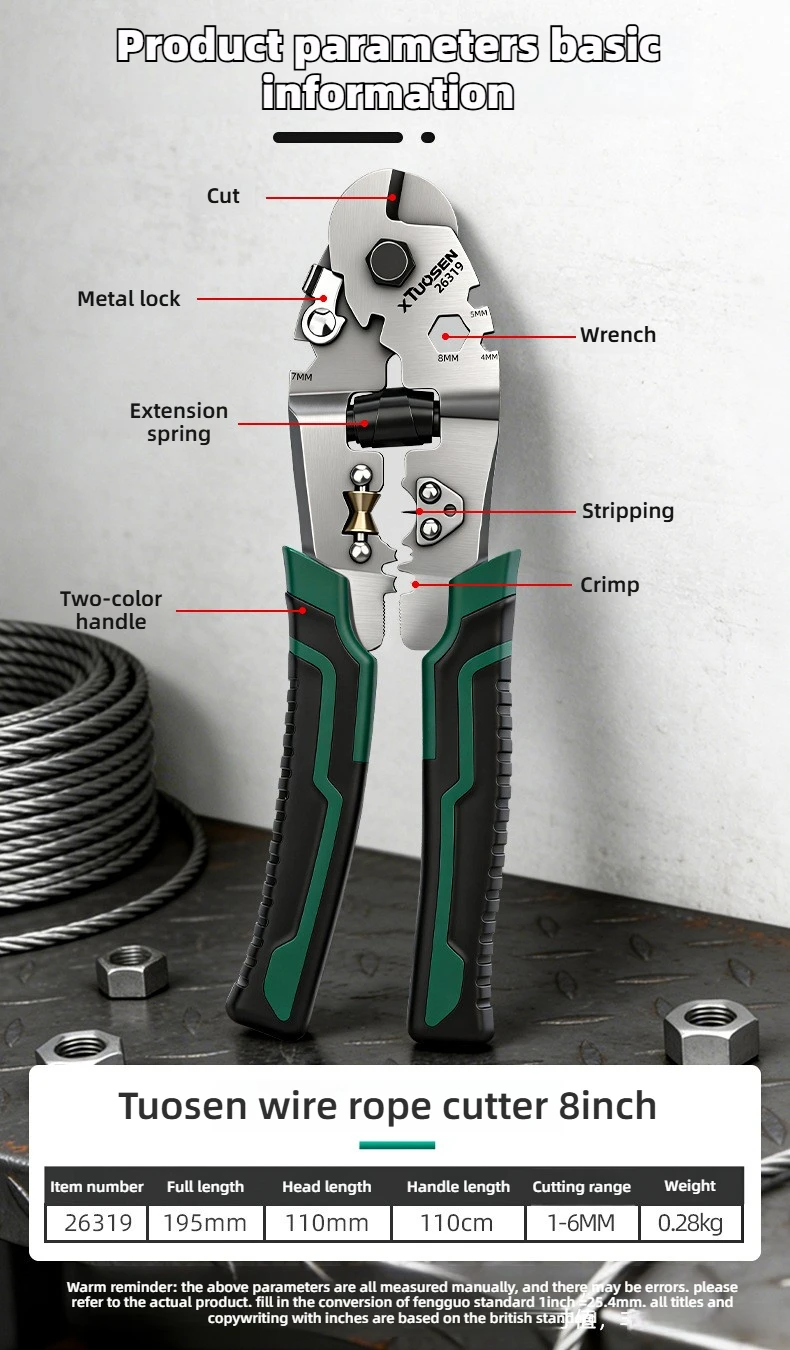 TUOSEN 8-Zoll-Seilschere aus Kohlenstoffstahl mit federbelastetem Griff zum Schneiden von Drahtseilen und Kabeln bis zu 6 mm Y5GB – Detail 2