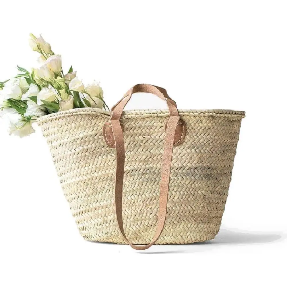 Bolso Tote de Cuero de Doble Capa con Asas Hechas a Mano para el Mercado, la Playa y el Uso Diario