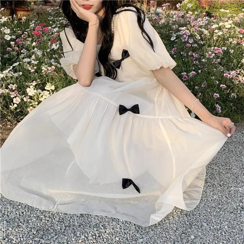 French Gentle Wind Fairy Summer 2024 Pullover One Line Neck Solid Color First Love Super Immortal Sweet Escape Princess Dress