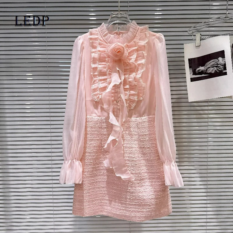 

French Pink Women's Clothing 2026 Spring New Sweet Flower Bow Tie Fungus Edge Chiffon Splicing Temperament Short Dresses Ladies