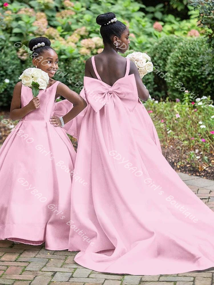 Vestidos blancos de flores para niña para boda, vestido de primera comunión con tirantes para niños de 2 a 14 años, vestido largo personalizado para fiesta de desfile con cola de lazo