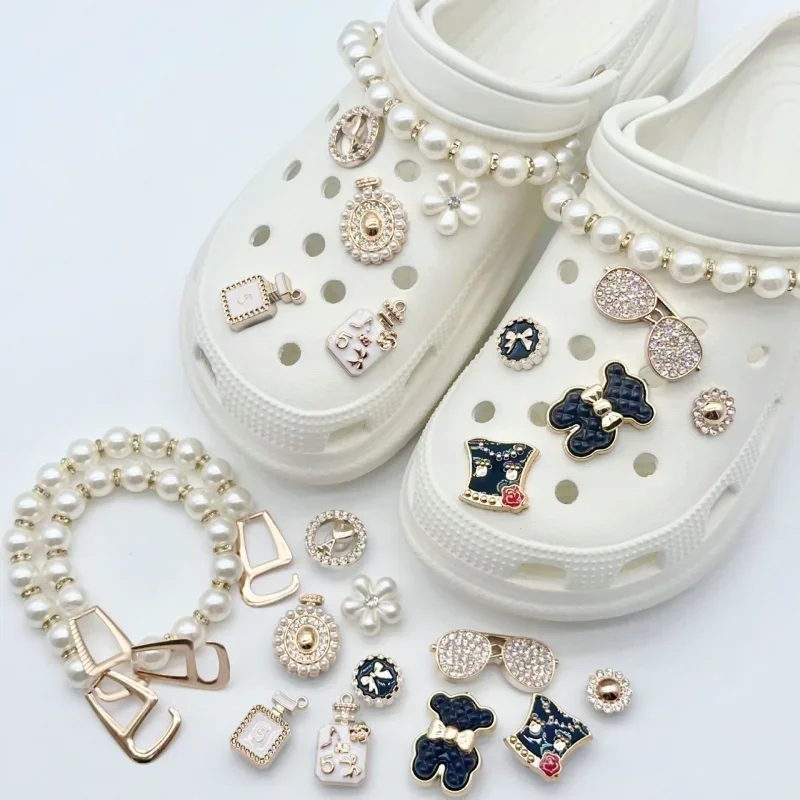 New Fashion Set Hole Shoe Charms Accessories Shoe Buckle Cute Pearl Glasses Water Diamond Chain DIY 3D Shoes Decorations image 6
