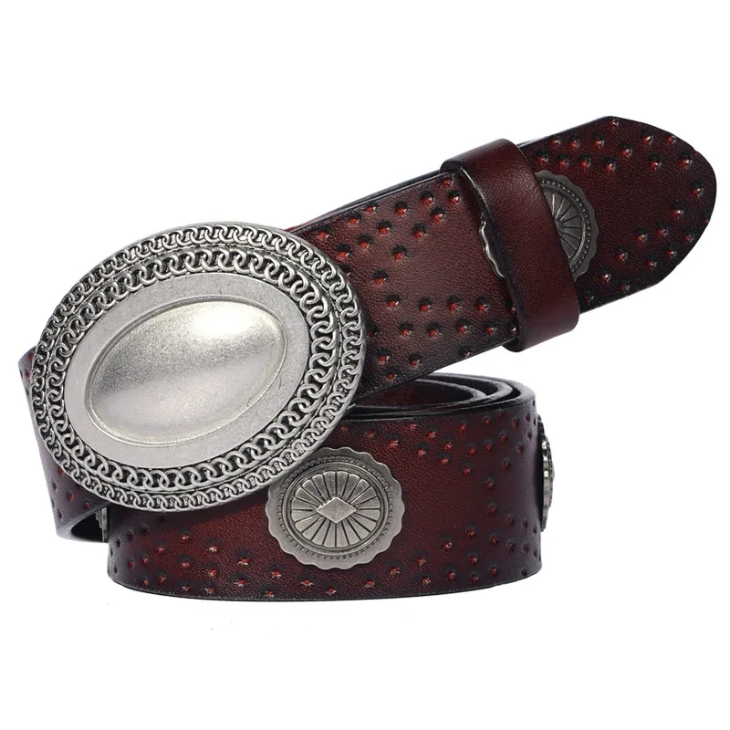 3.8CM Heavy Metal Rivet Men Real Genuine Leather Belt Women Smooth Buckle Stud Punk Jeans Belts For Strap Rock Cowboy Waistband