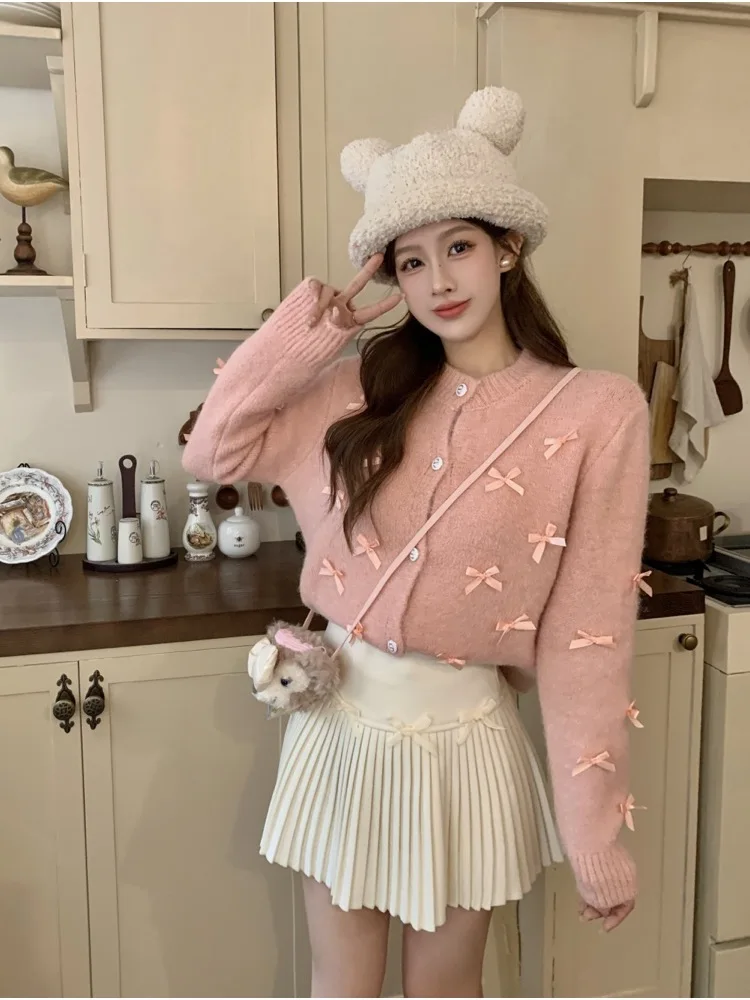 Kimotimo Sweet Bow Knitted Cardigan Women Korean Fashion Long Sleeve Cropped Sweater Coat Autumn Winter Warm Y2k Kawaii Tops INS