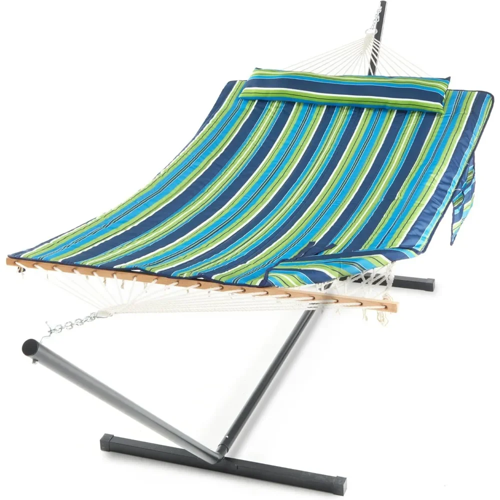 

Double Hammock with Stand for Outside, Rope Hammocks with Polyester Pad 2 Person, 12ft Heavy Duty Stand, Extra Pillow, Storage