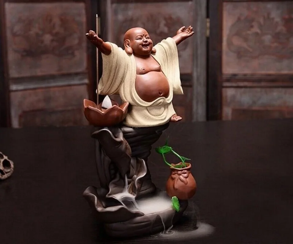 Chinese Zisha Backflow Incense Burner Maitreya Buddha Statue Feng Shui Zen Decor