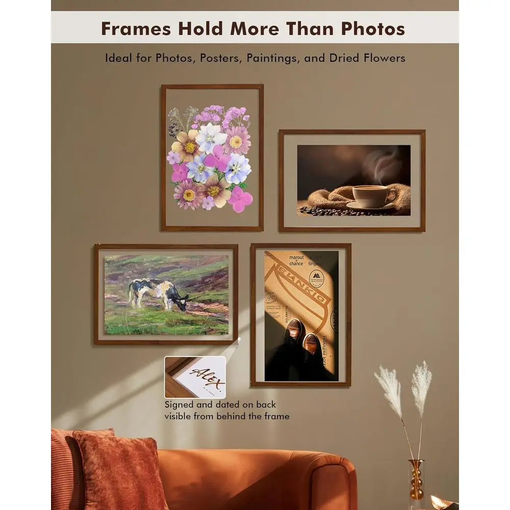 زوج من إطارات الصور الخشبية الصلبة مقاس 13 × 19 مع زجاج شبكي مزدوج لصور مقاس 11 × 17/14، لمسة نهائية من خشب الجوز الداكن