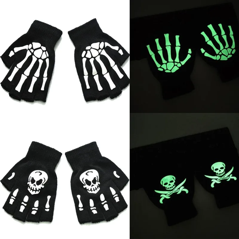 Unisex Adult Halloween Skeleton Skull Half Finger Punk Gloves Glow in the Dark Fingerless Stretch Knitted Winter Mittens