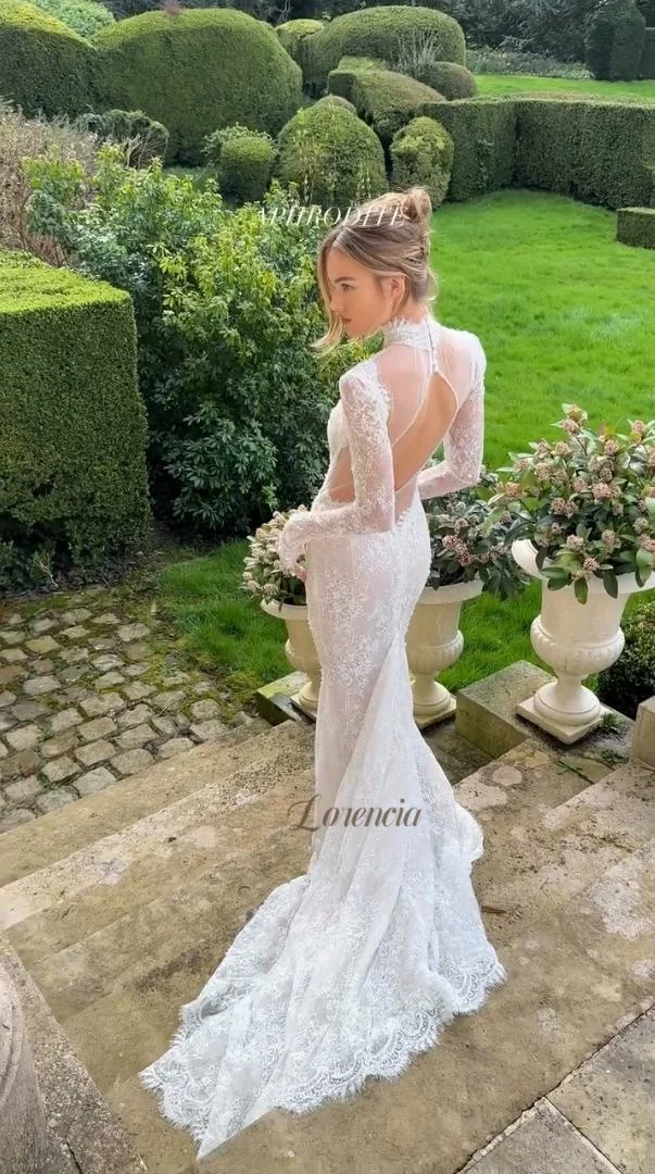 Lorencia Long Sleeves Lace Mermaid Wedding Dresses High Neck Illusion Basque Fitted Bridal Gowns Open Back Customized
