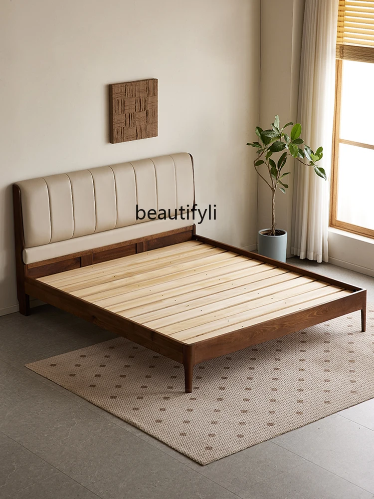 North America Black Walnut Wooden Bed Nordic Simple Solid Wood Double Bed Home Master Bedroom Leather Soft Bag Large Bed