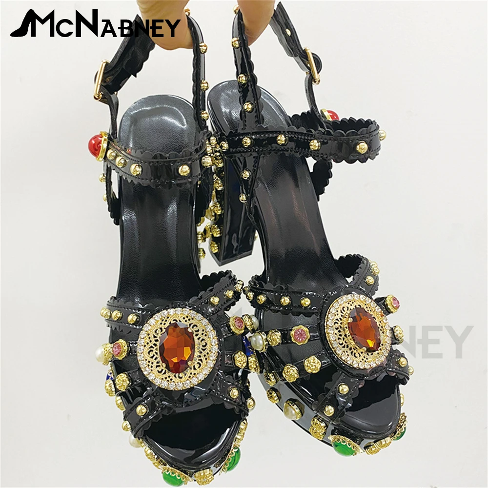 Platform Gemstone Sandals Black Leather High Heels Chunky Heel Round Toe Summer Shoes Multicolour Crystal Diamond Luxury Style