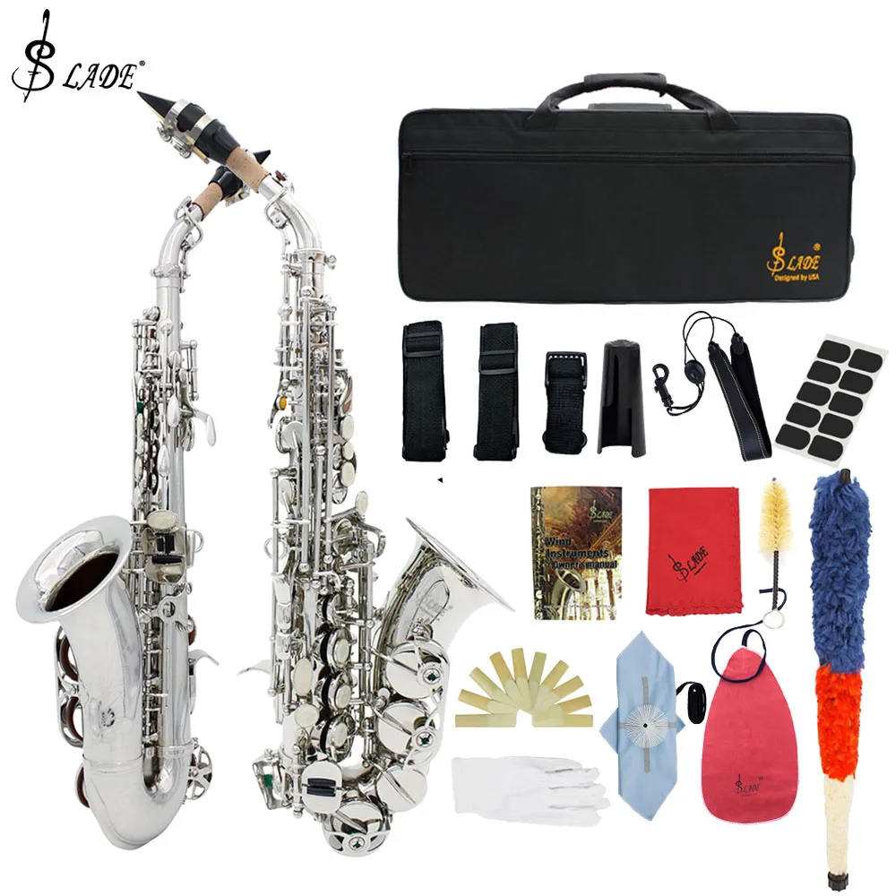 

SLADE Soprano Saxophone Professional B Flat Saxophone Brass Silvery Sax Woodwind Instrument with Case Neck Strap Reeds Parts