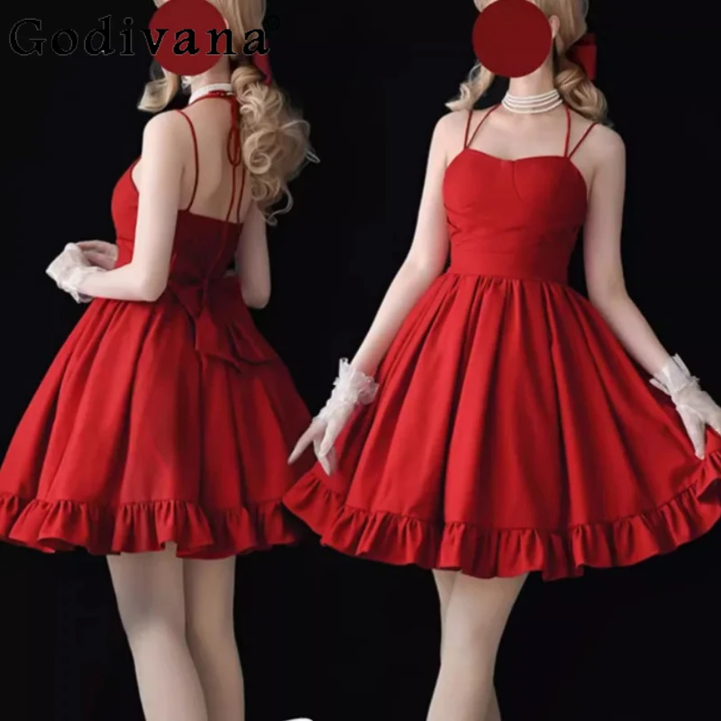 

Fashion Versatile Age Reduction Lolita Red Cute Sexy Suspender Bow Dress Women High Waist A-line Solid Color Princess Dresses