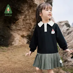 Amila Baby Dress 2024 Autumn New Style Girls Fresh College Style Splicing Pleated Sweet Soft Lapel Cartoon Children’s Clothing