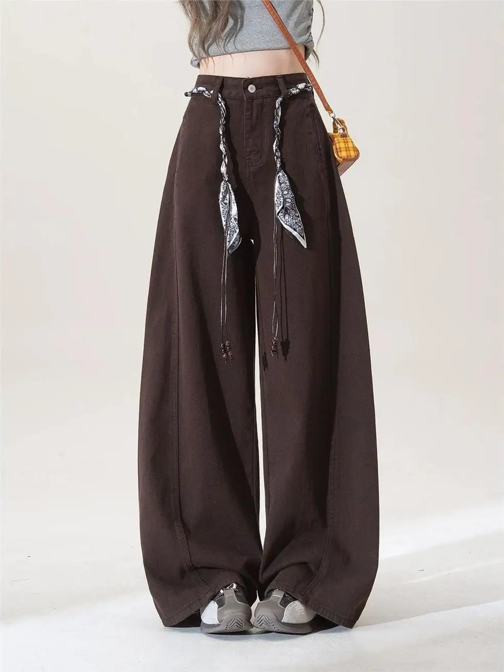 하이웨이스트 아메리칸 슬레 나이프 데님 팬츠 (여성용, 벨트 포함, 바닥까지 오는 길이, 커피색, 트렌디한 INS 와이드 레그 진)