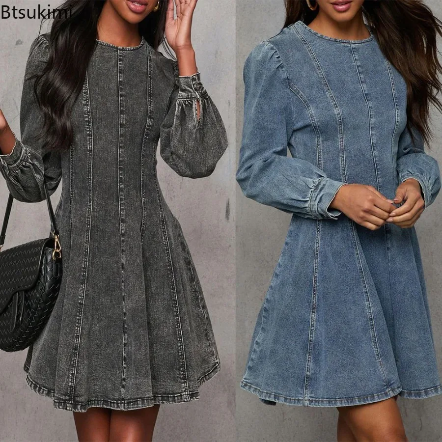 Women's Slim Fit Denim Solid Spring Autumn Ladies' High Waiste O Neck Long Sleeve Pleated A-line Dress Female Party Jeans Dress