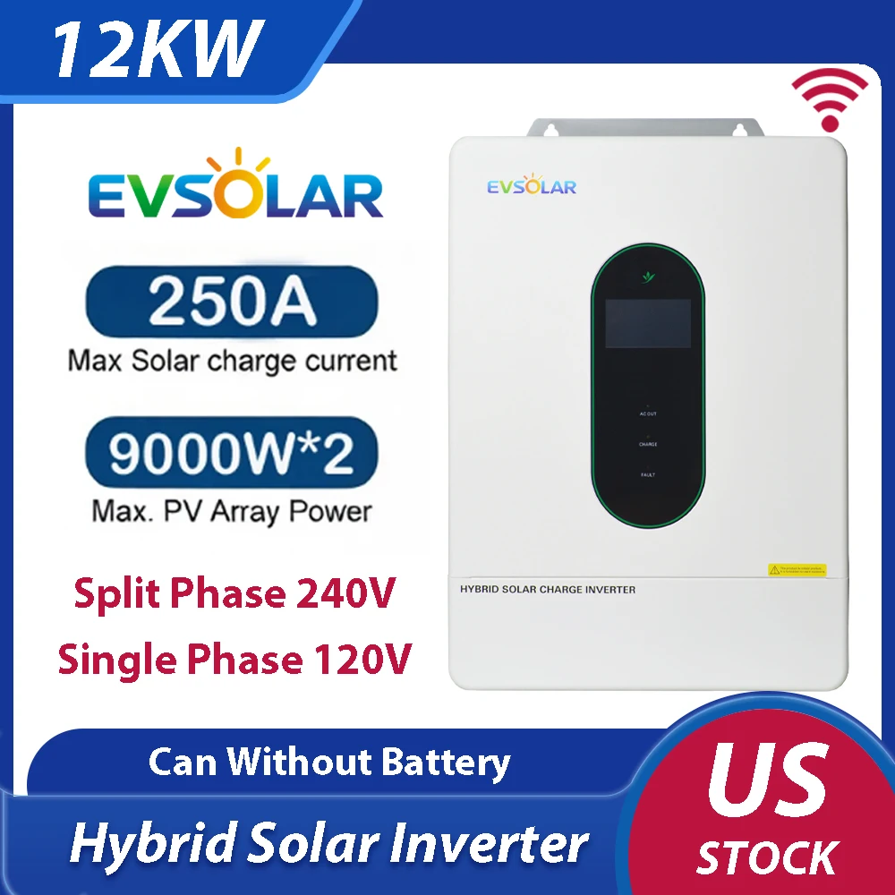 

Гибридный солнечный инвертор 12 кВт, 48 В постоянного тока, однофазный 110/120 В, двухфазный 240 В, MPPT 250 А, двойной вход для фотоэлектрических панелей, опциональный Wi-Fi, сертификат UL