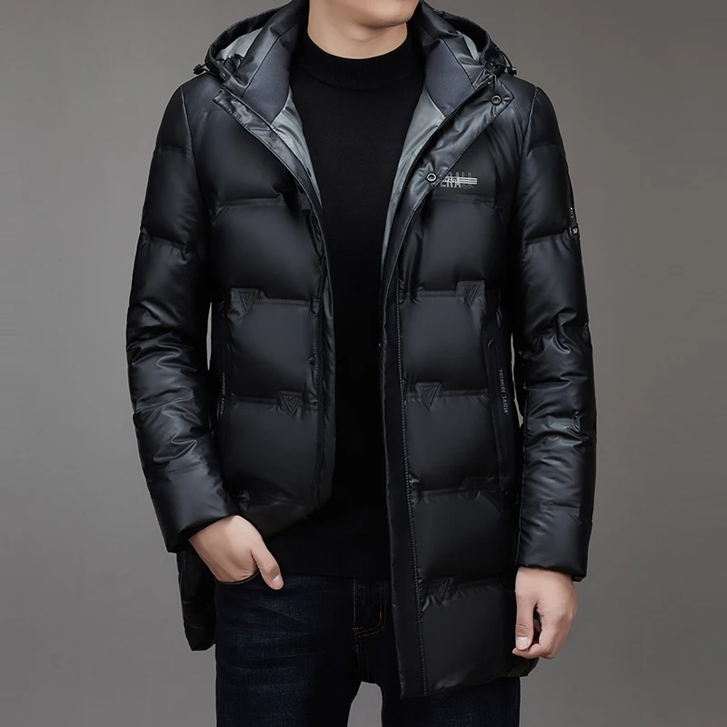 Chaquetas de plumón de pato para hombre, abrigos gruesos a prueba de viento, con capucha, de longitud media, informales, de negocios, de alta