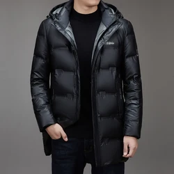 High Quality 2024 Winter Men's Mid-Length Warm Hooded White Duck Down Jackets Business Casual Loose Windproof Thick Puffer Coats