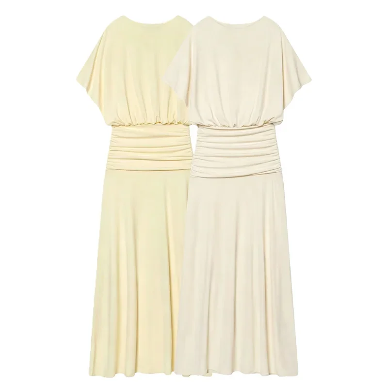 2026 Women's Dress Summer New Style Solid Color Short Sleeve Ruffle Decor Midi Maxi Dress Elegant and Gentle Romantic