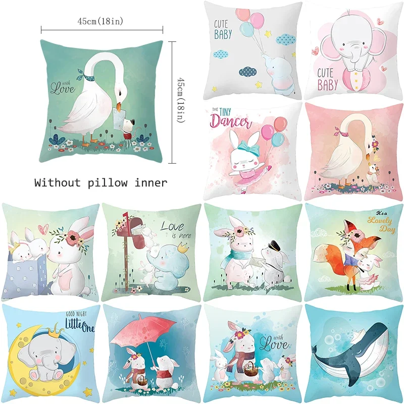 Polyester Cushion Cover Cute Animal Printed Pillowcase Home Decor for Sofa Bedroom 45x45 Peach skin polyester pillowcase