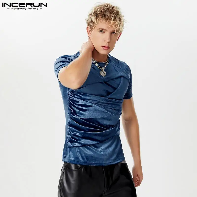 INCERUN Men Irregular T Shirt Solid Color O-neck Short Sleeve Velour Casual Male Tee Tops Streetwear Summer Fashion Men Clothing