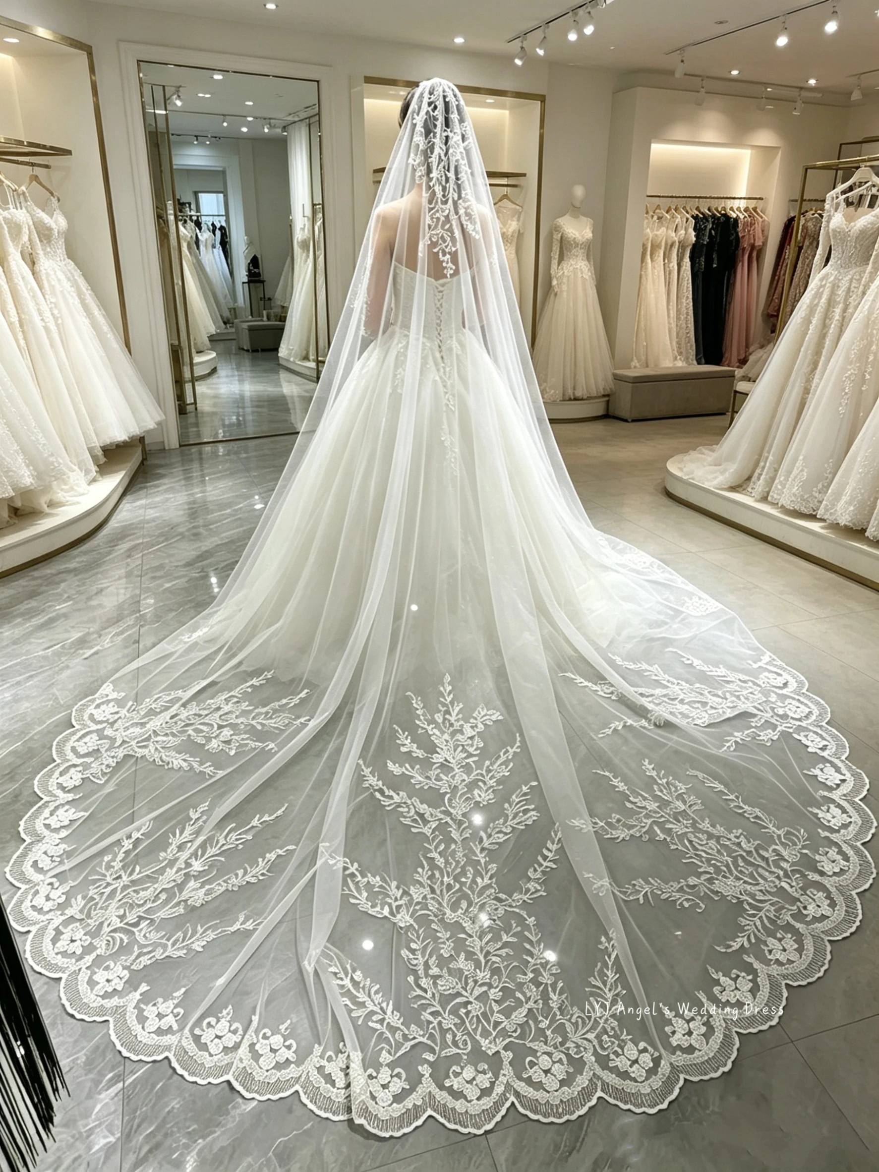 Luxury One-Tier Soft Tulle Cathedral Bridal Veil with Lace Appliques Wedding Veil for Bride with Comb Velo De Novia