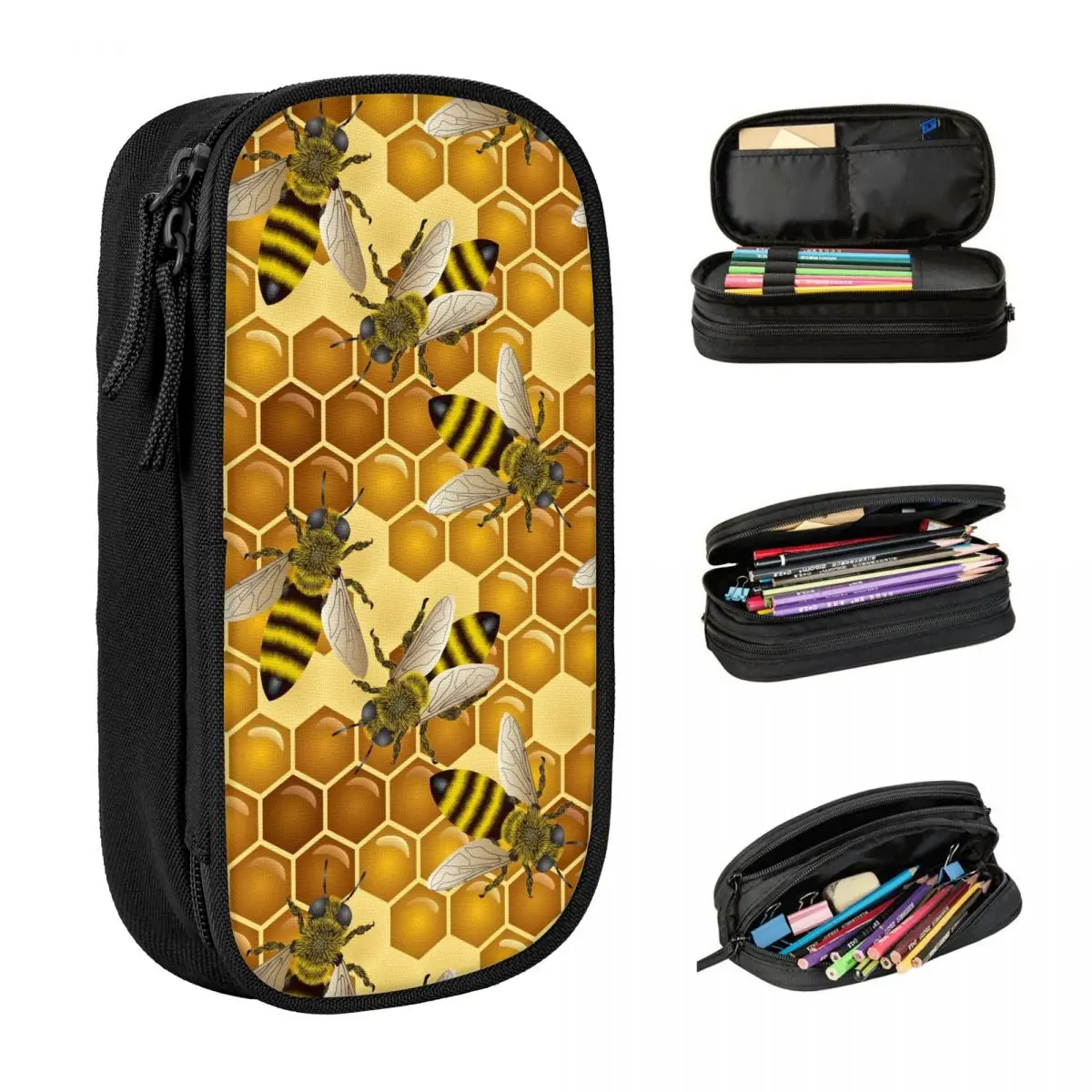 

Пенал с рисунком медоносных пчел, пенал большой емкости, детские двухслойные школьные пеналы, графический органайзер для канцелярских принадлежностей