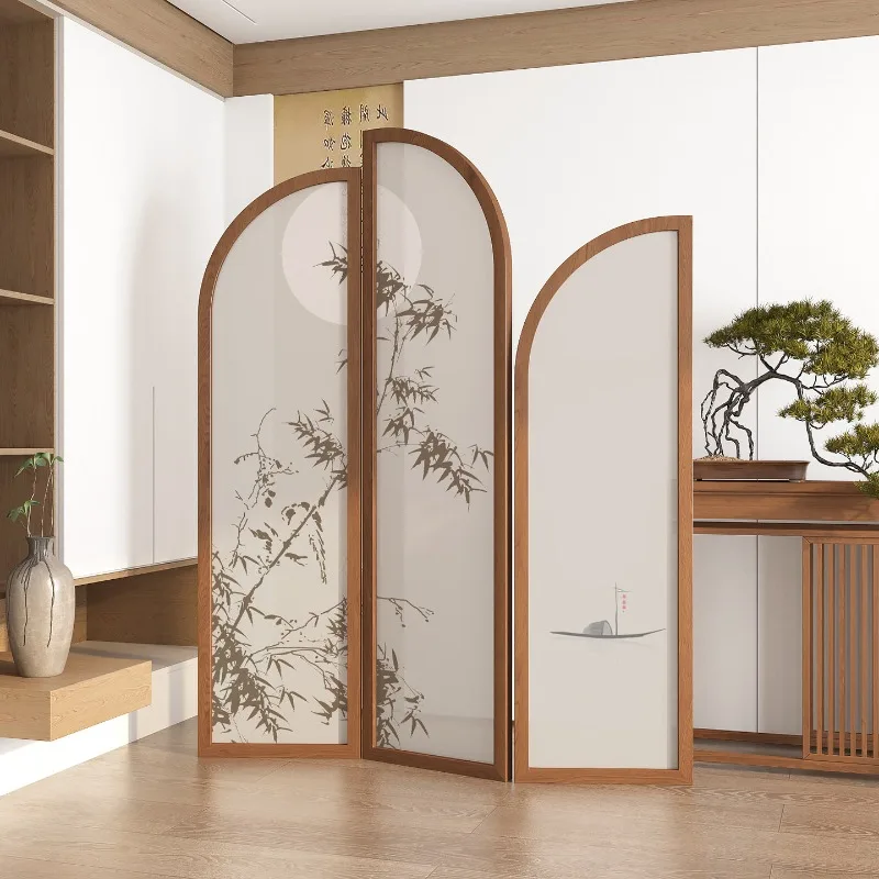 New Chinese solid wood screen partition bedroom sofa baffle tea room folding mobile irregular bamboo curved folding screen